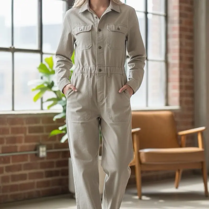 Khaki Utility Jumpsuit with Button-Up Front and Pockets for Workwear Comfort and Style