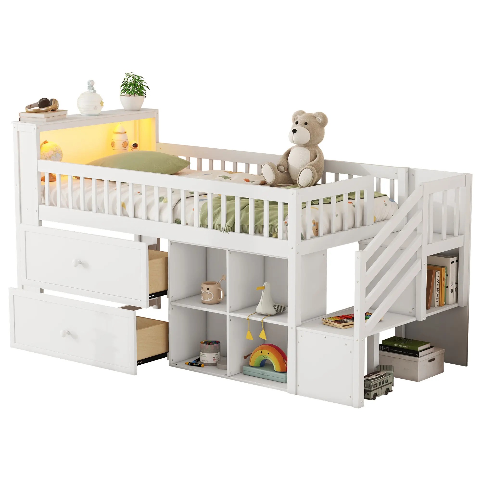 Donext Twin Size Solid Pine Wooden Bed Loft Unit - LED Lighting, Stairs, Storage Drawers, Bookshelf, Cozy Reading Nook, Safety Design, White Bedroom Baby Furniture