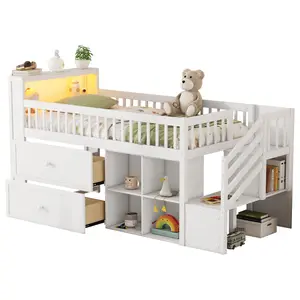 Donext Twin Size Loft Bed with LED Lighting Bookshelf Wood Low Loft Bed with Stairs Kids Storage Drawers and Shelves White Solid Pine Wood Frame Safety Design Cozy Reading Nook