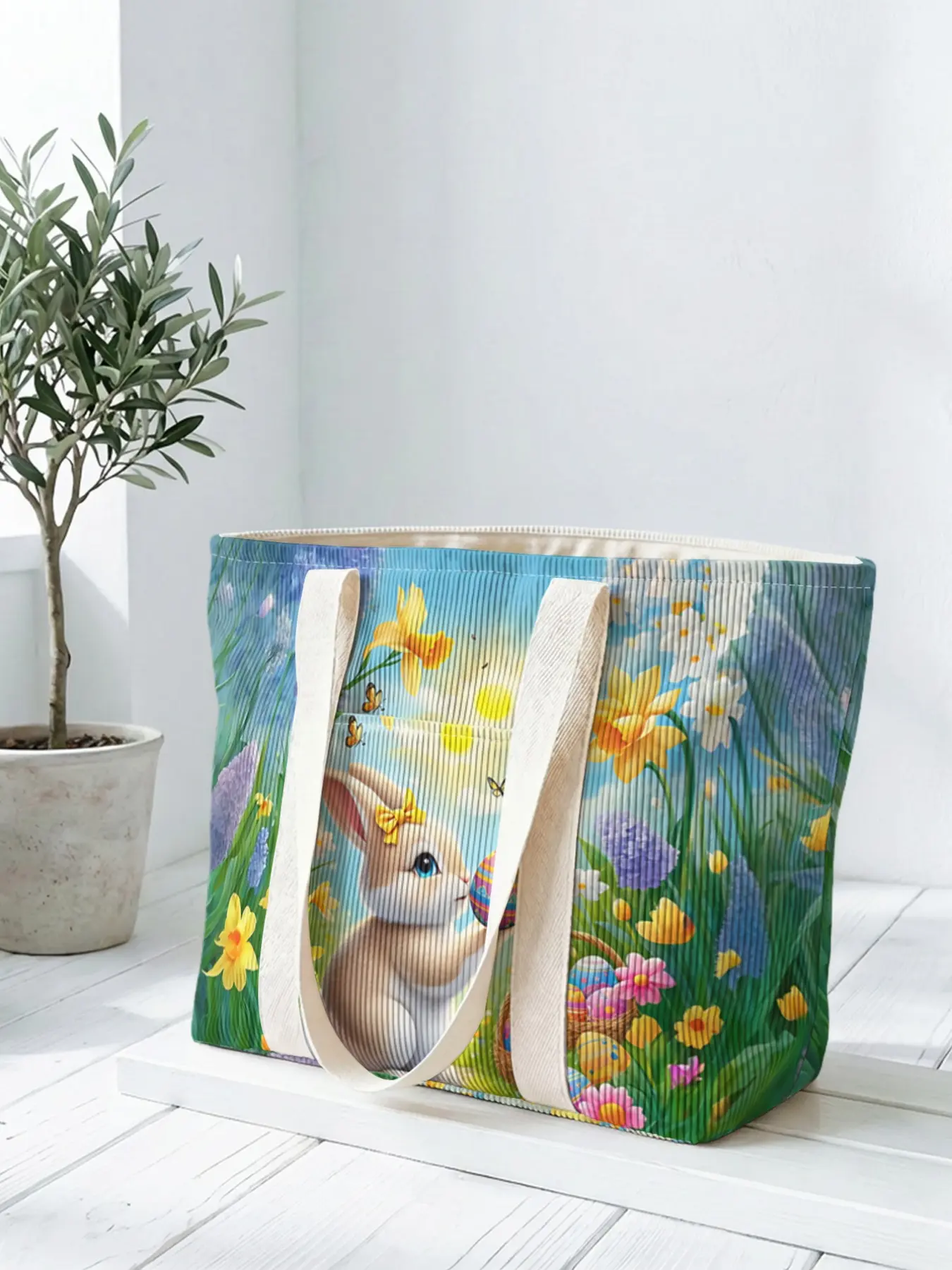 1 piece of 2D printed tote bag with Easter bunnies and colorful eggs, large capacity space|perfect for commuting/shopping/going to work|carry the gentleness and faith of Easter in your hands, Easter