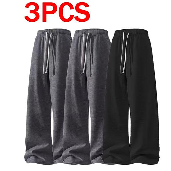 3 Pairs of Men's Lightweight Drawstring 100% Polyester Loose Sweatpants - Soft, Straight, Light Grey and Black/Dark Grey, Four Seasons Comfort with Side Pockets, Suitable for Fitness and Casual Wear, All Seasons Casual Style Jogging Pants, Sweatpants, Men