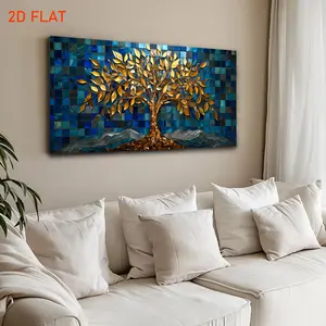 2D Golden Tree of Life Mosaic Canvas Wall Art - Blue and Gold Stained Glass Style Print for Living Room, Bedroom, and Office Decor