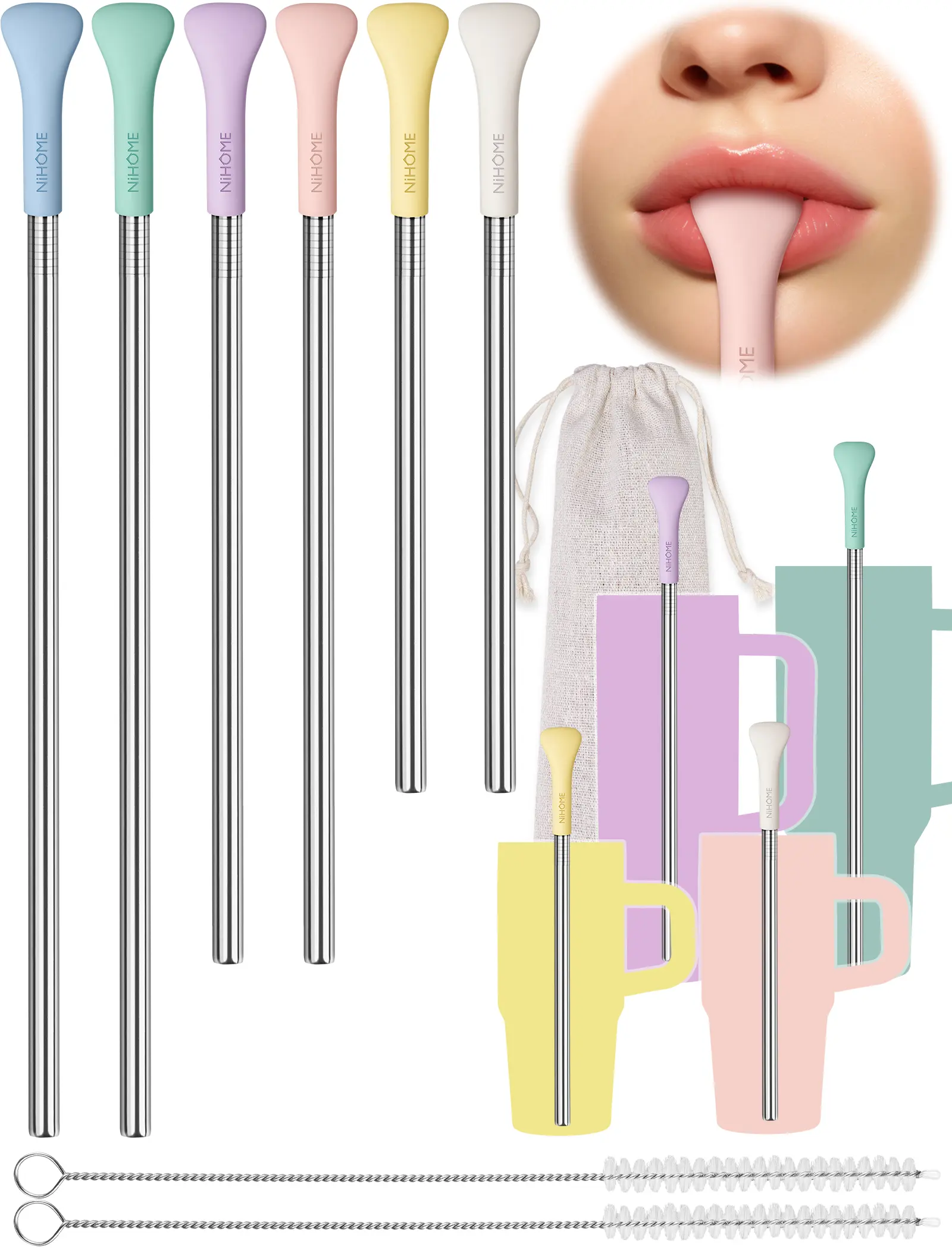 NiHome 6PCS Anti Wrinkle Straws with Silicone Widen Flat Tip Straight & Bent Metal Straw, Fit for Stanley 20/30/40 oz Tumbler, Reusable Wrinkle Free Stainless Steel Straw, 2 Brushes & Bag