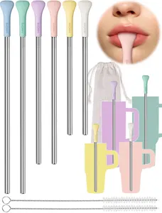 NiHome 6PCS Anti Wrinkle Straws with Silicone Widen Flat Tip Straight & Bent Metal Straw, Fit for Stanley 20/30/40 oz Tumbler, Reusable Wrinkle Free Stainless Steel Straw, 2 Brushes & Bag
