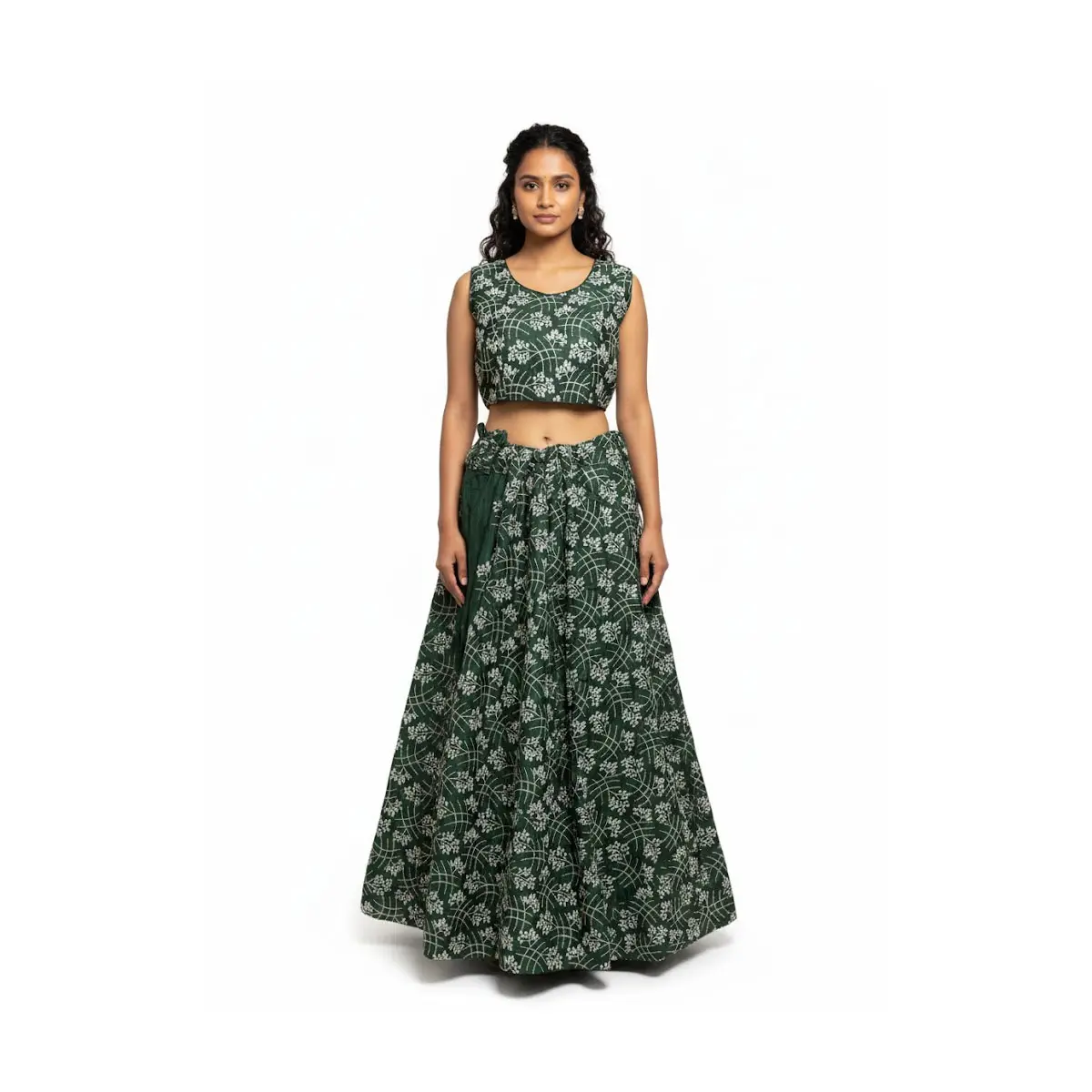 #K50 Forest Green Floral Lehenga Co‑ord Set – Crop Top (Unstitched sleeves attached with blouse) & Flared Skirt