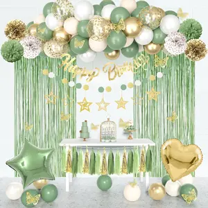 Sage Green Birthday  Decorations Kit for Women Girls, Confetti Green  Balloon Happy Birthday Banner Fringe Curtains Butterfly Circle Dots Tassels Pom First Communion Decor 30th 40th 50th Her