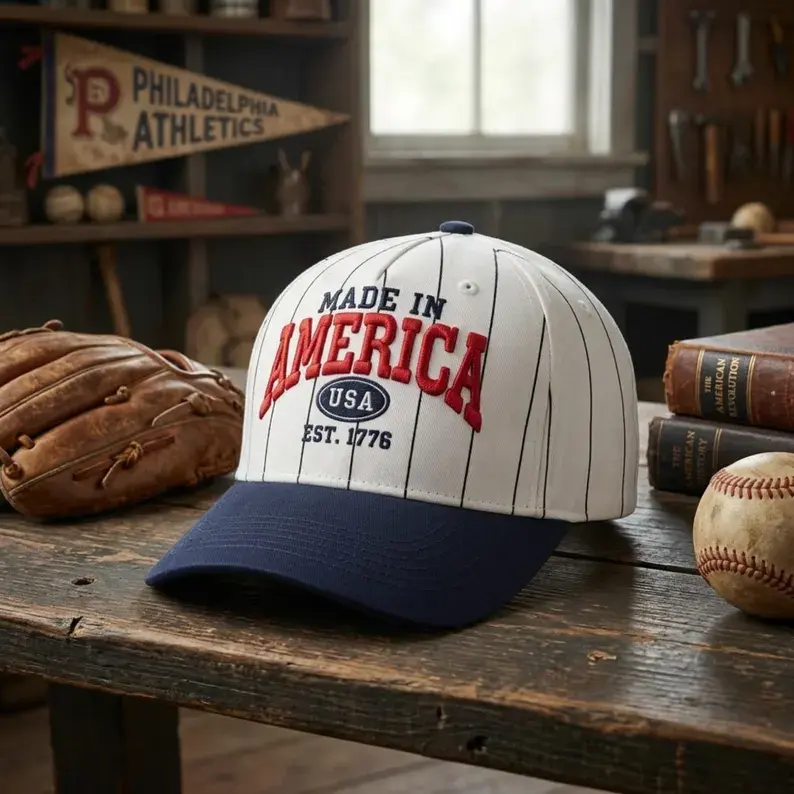 Patriotic Pinstripe Baseball Cap with 3D USA Embroidery, Breathable and Adjustable Canvas Snapback for Casual Everyday Wear