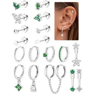 18pcs 18K Gold Plated Single Stainless Steel Flat Back Earrings Set for Women – Mix & Match Ear Piercing Jewelry Gifts (NOT Sold in Pairs)