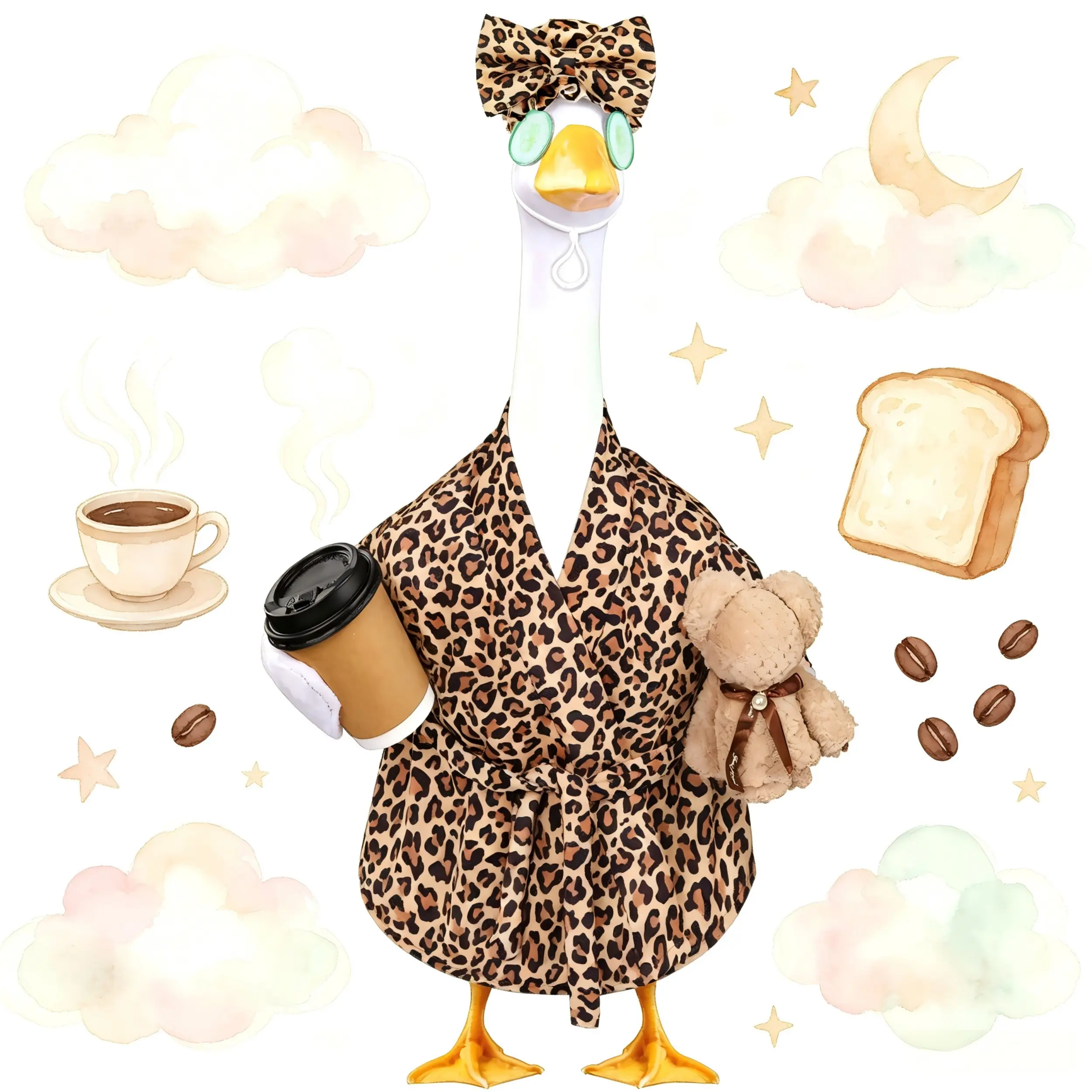17/23 Inch Leopard Spa Themed Porch Goose Costume, Leopard Wrap Bathrobe, Bow Headband, Eye Mask, Coffee Cup and Teddy Bear for Lawn Goose Figurine, Indoor Outdoor Porch Ornament, Goose Not Included