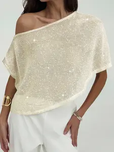 1 Spring Summer One Shoulder Sequin Top Women | Asymmetrical Off Shoulder Batwing Sleeve Loose Glitter Top | Glam Chic Style for Night Out Club Party Festival Wear