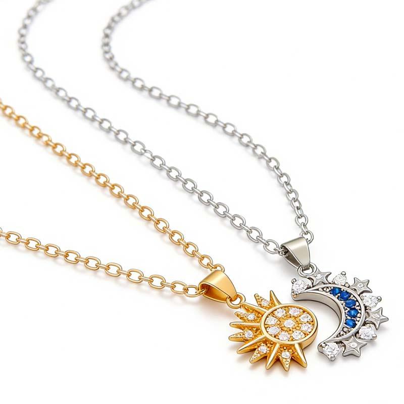 New moon and sun couple necklace with magnetic clasp, unisex clavicle chain