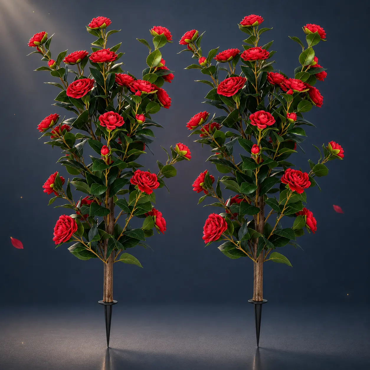 2 Pack 35" Red Artificial Camellia Flower Stakes, Lifelike Faux Flowering Shrubs, Weather-Resistant Garden Decor for Lawn, Porch & Walkway