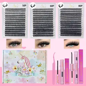 812PCS Cluster Lashes Mixed Volume D Curl 50P 60P 80P Eyelash Extension Kit, Synthetic Fiber Dense Cluster Set with Glue & Remover Applicator, DIY Friendly Beginner-Friendly, DIY Eyelash Extensions