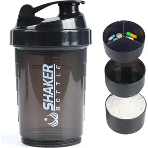 Protein Shaker Bottle, Water Bottle,Leak Proof Shake Bottle For Protein Mixer- Non Slip 3 Layer Twist Off 3oz Cups with  Tray -  16 oz Shake Cup with Storage,Black