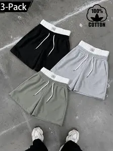 Men’s 2-3-Piece Pure Cotton Color-Patched Sports Shorts, Contrasting Colors, Dual Belts, Drawstring Elastic Waist, Loose Fit, Pockets - Suitable for Summer Sports, Casual Wear, Color-Patched Men's Shorts