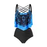 Women's 2-Piece Gothic Skull-Floral Print High-Waisted Tankini Swimsuits Set - Caged Scoop Neckline, Tummy Control, Breathable, Quick Dry, Cold Wash, Stylish Bathing Suit for Beach Sports, Beach Party