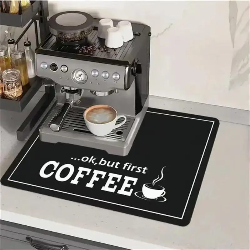 Coffee-Themed Kitchen Mat, 1 Count Non-Slip Kitchen Placemat, Absorbent Coffee Machine Mat, Kitchen Decorative Mat for Coffee Maker and Bowl Rack, Coffee Bar Mat, Coasters