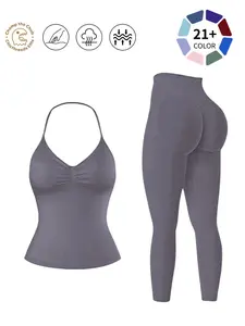 Women's Sporty Backless Sports Bra Tank Top + High Waist Leggings Set, Detachable Padding, Gym Outdoor Running Yoga Wear, Workout Sets