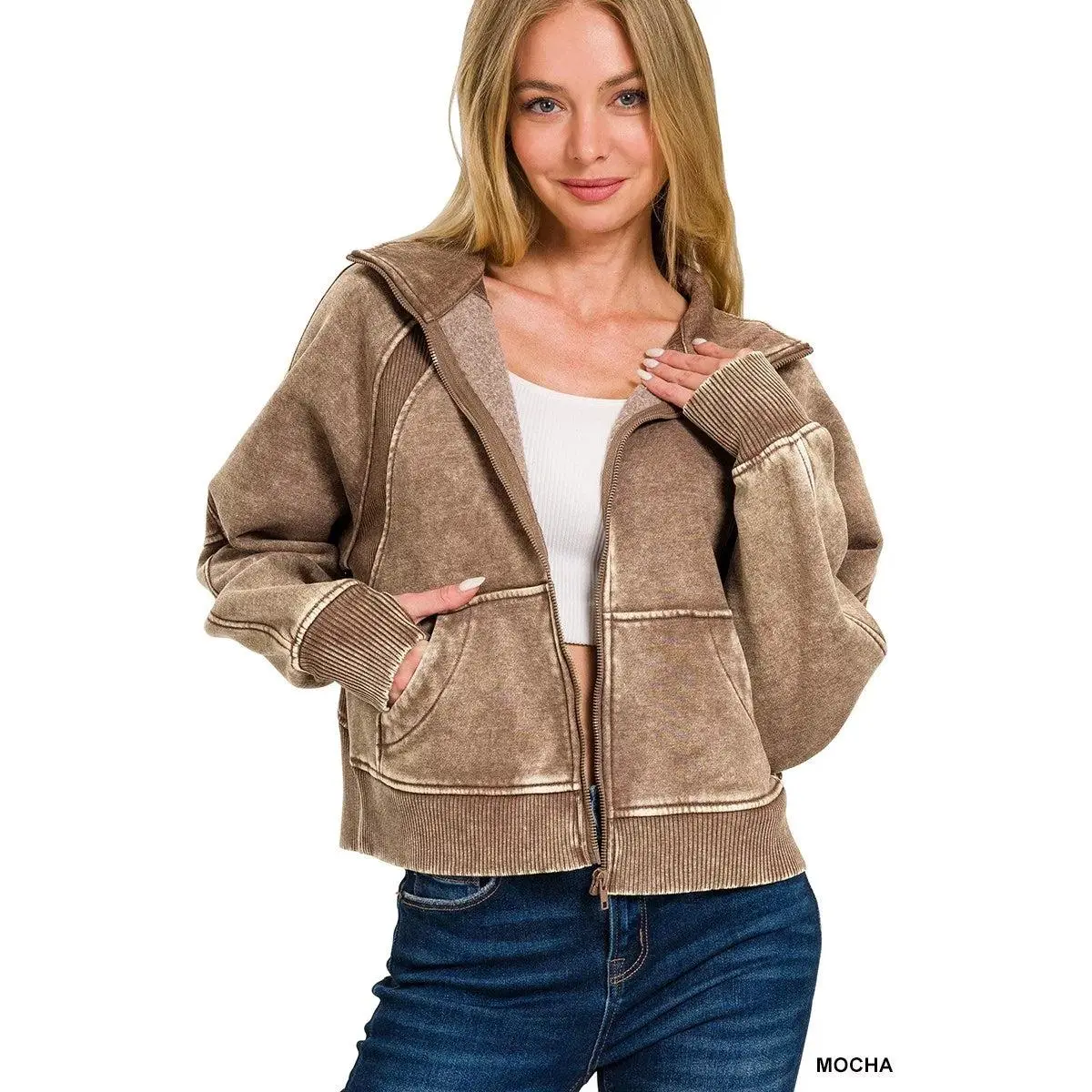 Zenana Acid Wash Zip Up Fleece Jacket