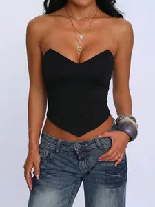 Women Strapless Corset Top Sexy Bustier Tube Top Black Slim Fit Bodycon Corset Blouse Deep V Push Up Going Out Top Y2K Clubwear Party Top Fashion Strapless Bodice Top Shaping Corset Top Night Out Streetwear Camisole Top Womenswear