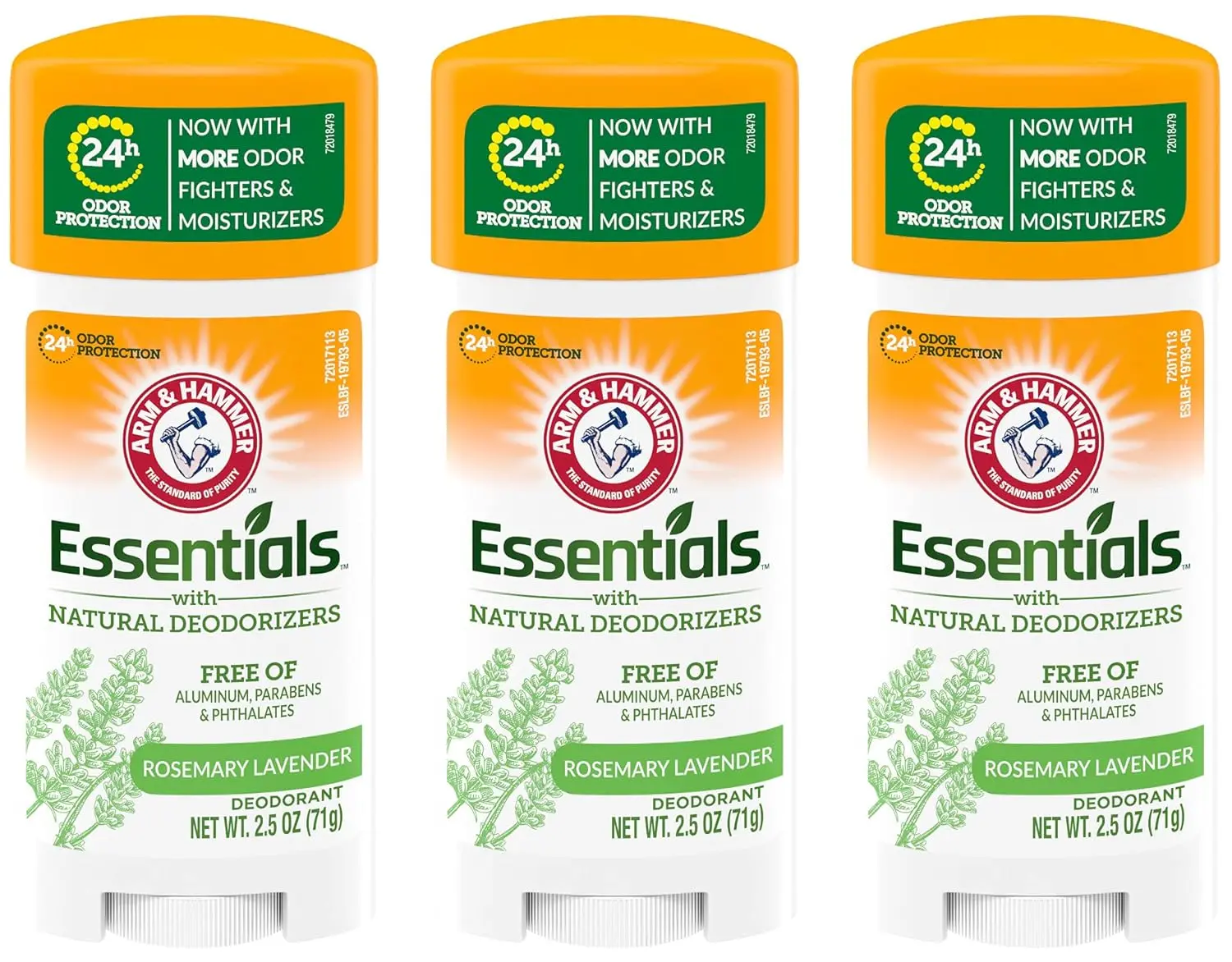 Arm & Hammer Essentials Clean Natural Non-Toxic Chemical Free All-Natural Odor Relief Deodorant, Rosemary Lavender Scent, 2.5oz, Pack of 3, Clean Deodorants, Natural Non-Toxic Deodorants