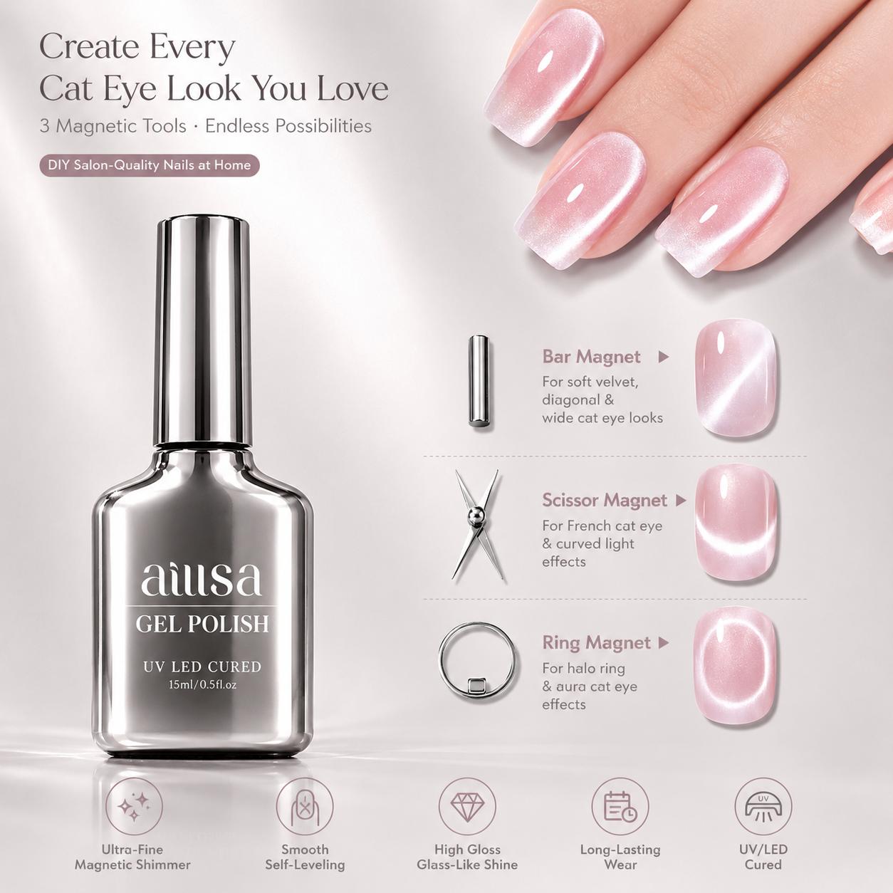 AILLSA Soft Velvet Cat Eye Gel Polish Set with 3 Magnetic Tools, DIY French Cat Eye & Halo Ring Nail Effects, Shimmer Glitter 15ML Gel Polish Need Lamp Curing Summer Nail Art DIY at Home