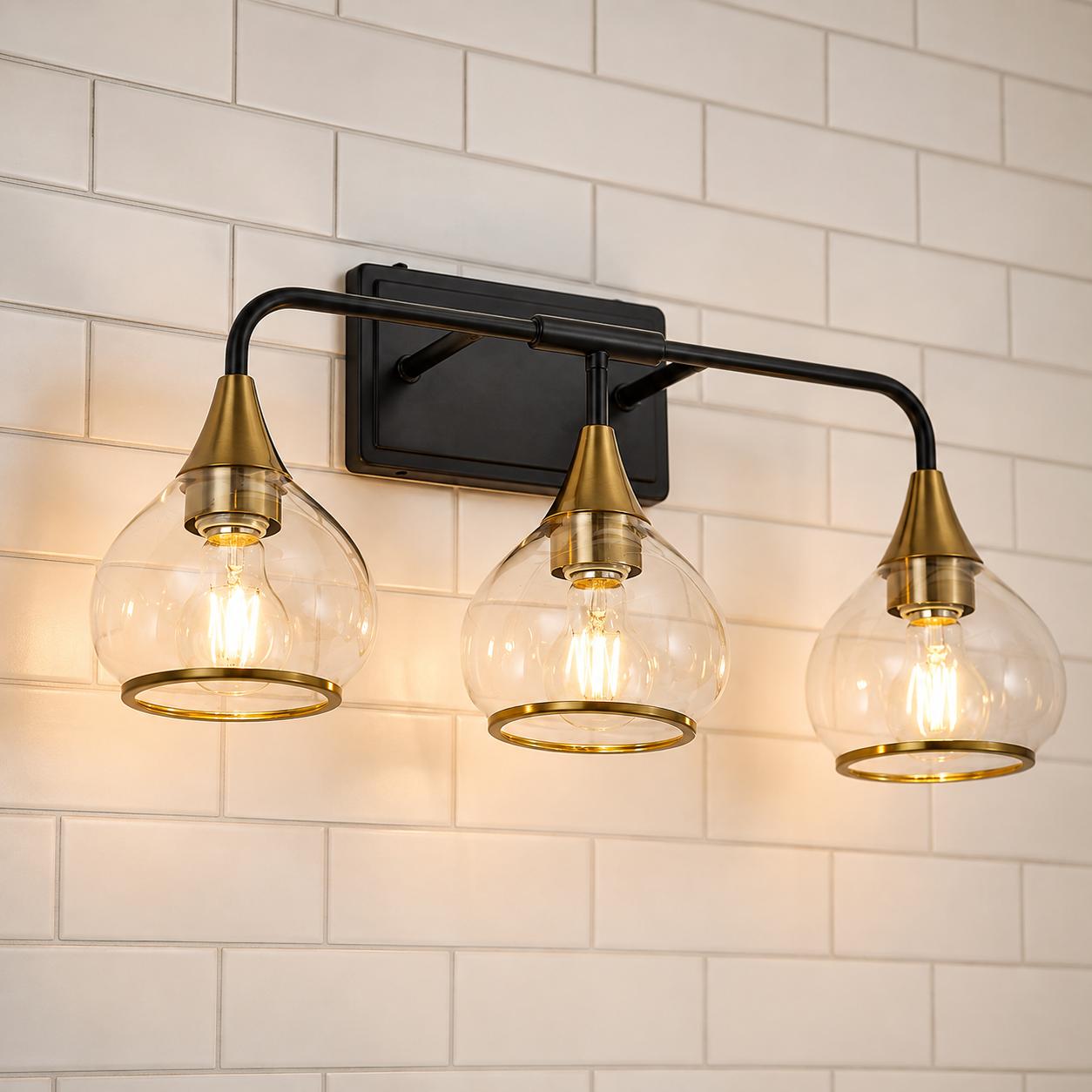 Black and Gold 3-Light Bathroom Vanity Light, 22.4 in Glass Metal Wall Sconce for Over Mirror, Indoor Bath Lighting Fixtures (E26 Bulb Excluded, Dimmable Switch Compatible)