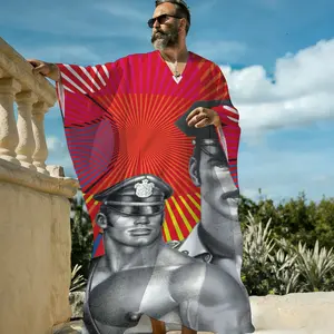 Tom of Finland Leather Motif Print V-Neck Pullover Kaftan, Vintage Graphic Long Sleeve Closed Front Robe, Artist Series Summer Cover Up for Men