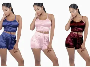 Plain  Satin  Loungewear Nightwear Pajama Set Soft Womenswear Comfortable Silk High Waist Short Sleeve