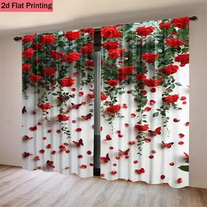 Valentine's Day Theme 2pcs Romantic Rose Print Curtains, Polyester Material, Privacy Protection, Fade Resistant, Hand Washable, Window Curtain