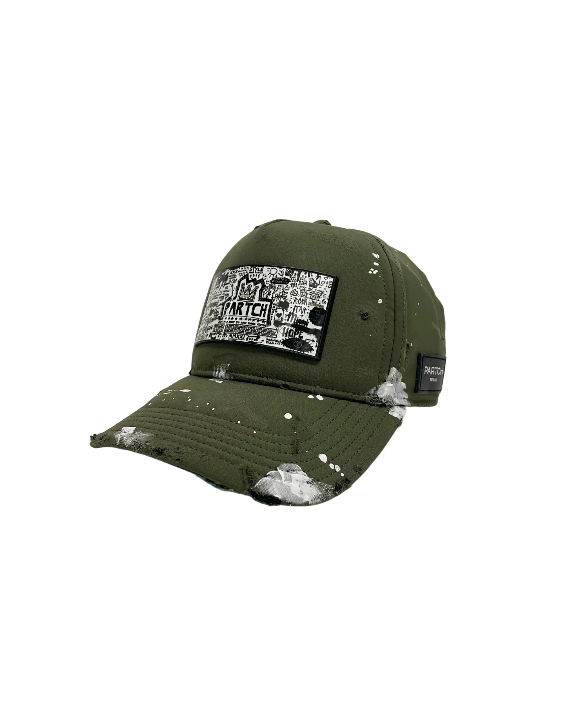 Hand-Painted Trucker Hat Green Distressed with Pop Love Partch-Clip