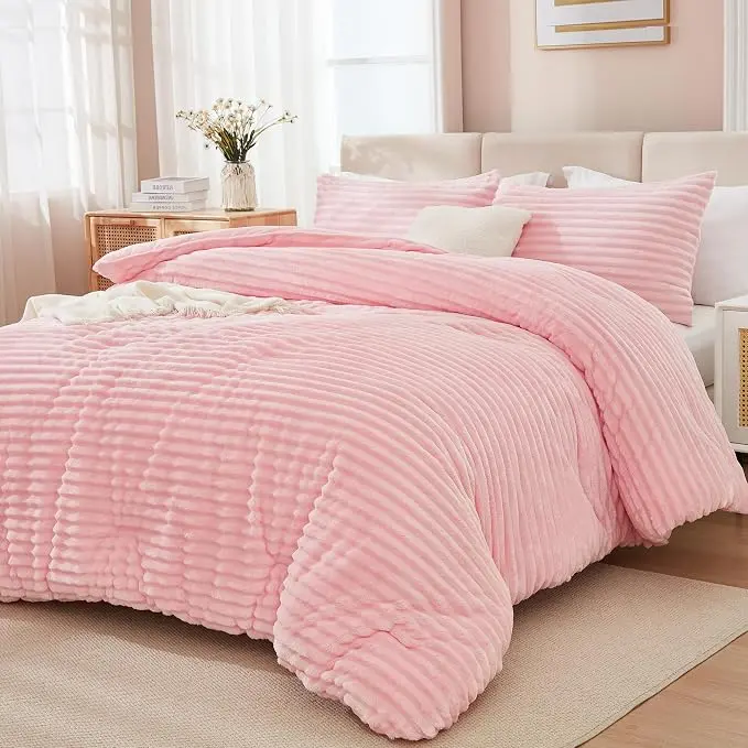 Andency 3-Piece Fleece Comforter Set, Soft Cozy Bedding for All Seasons, Lightweight Down Alternative Bed Set with 1 Comforter and 2 Pillowcases,Soft Warm Fluffy Fuzzy Bedding Set for Winter
