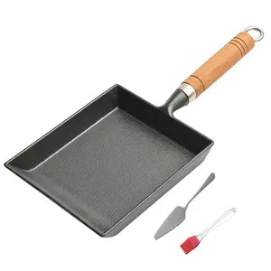 Cast Iron Egg Pan Wood Handle Square Frying Pan Non Scald Japanese Egg Omelette Pan with Oil Brush and Shovel for All Kinds of Oven