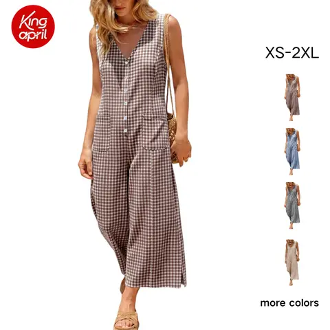 Kingapril Women's Vintage 100% Cotton Breathable Sleeveless V-Neck Wide Leg Overalls - Adjustable Drawstring Waist, Pockets, Button Closure, Loose-Fit 1-Piece Summer Essential - Cold Wash, Hang Dry, No Pants Substitute, Basics