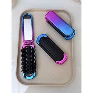 1pc Glossy Electroplated Gradient Blue & Purple Color Hair Comb With Foldable Design & Built-In Small Mirror, Compact & Portable, Hair Brush, Comb, Hair Tools, Hair Products And Accessories For Barber Salon Beauty Travel Essentials,Back To School,Travel H