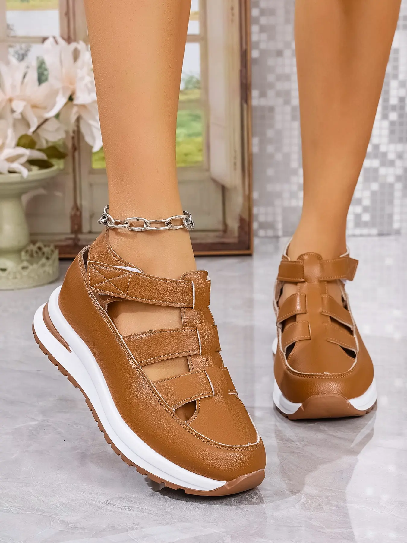 Summer New Women's Wedge Heel Thick Sole Sandals, Low Wedges Platform, PU Upper + Hollow Breathable Design, Waterproof Platform Casual Fashion Shoes, Walking Shoes, Wedges Footwear