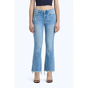 MID RISE CROP FLARE DENIM JEAN OSF1132 MEDIUM BLUE Fabric Womenswear Bottom Everyday Cotton Streetwear Trouser Pants Basic Fitted