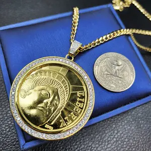 High-End Brass Gold Plated Hip Hop Style NEW YORK STATUE OF LIBERTY Pendant Simulated Diamond & 4mm 18" 20" 24" 30" Cuban Chain Necklace