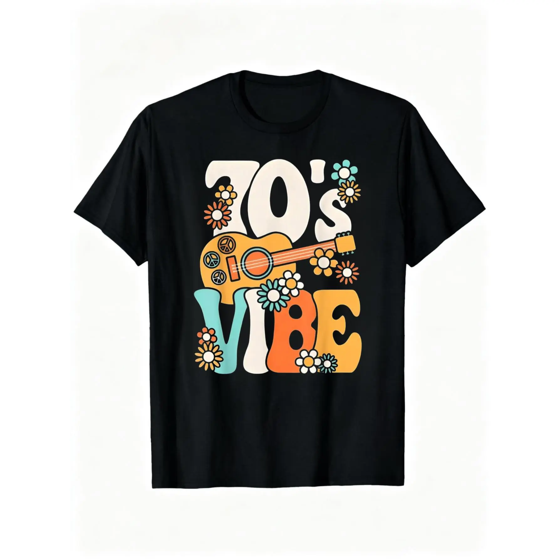 Women's Cotton Crewneck Short-Sleeve Casual Distressed 70's Vibe Funny Boho Hippie Peace Sign Retro Party T-Shirt, Shortsleeve, Graphic, Round Neck
