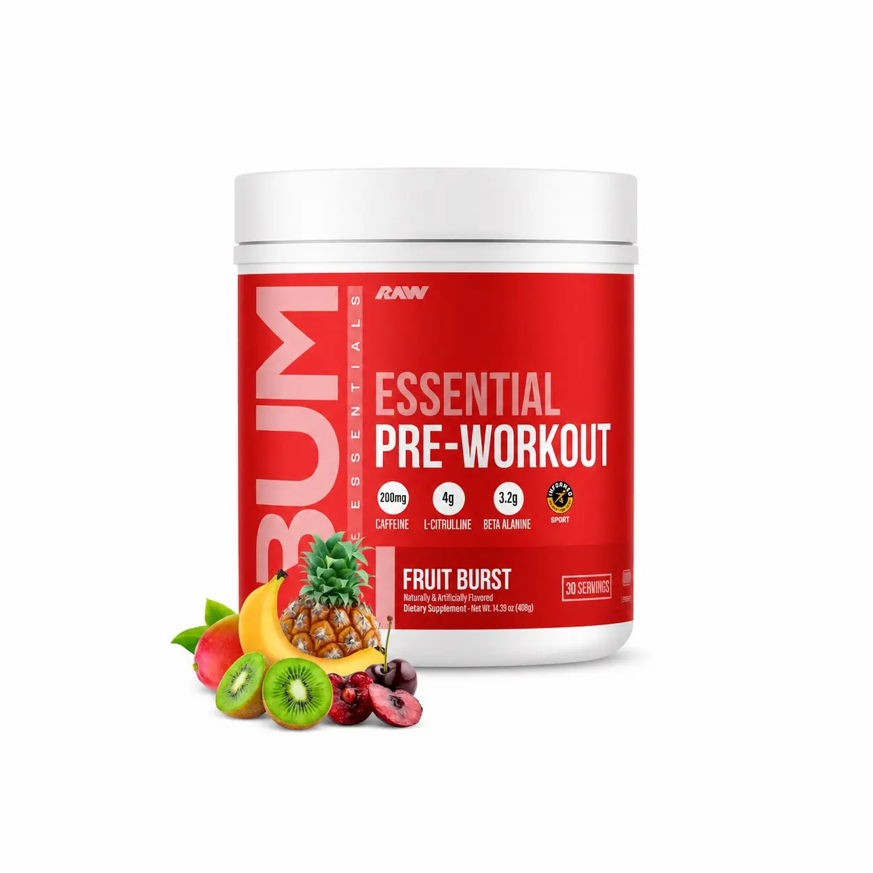 BUM Essential Dietary Pre-Workout Fruit Burst Carbohydrate Fitness Supplement - 30 Servings