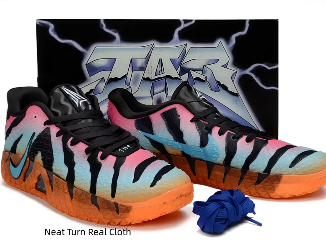 Vibrant gradient colorway low-top basketball sneaker with bold stripe graphics. Eye-catching silhouette for hoops fans and street fashion lovers.