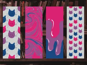 Pride Love Purple Blue Pink Designs Bookmark with Cat Patterns and Swirls for Book Lovers Featuring Vibrant Colors and Adorable Cat Motifs