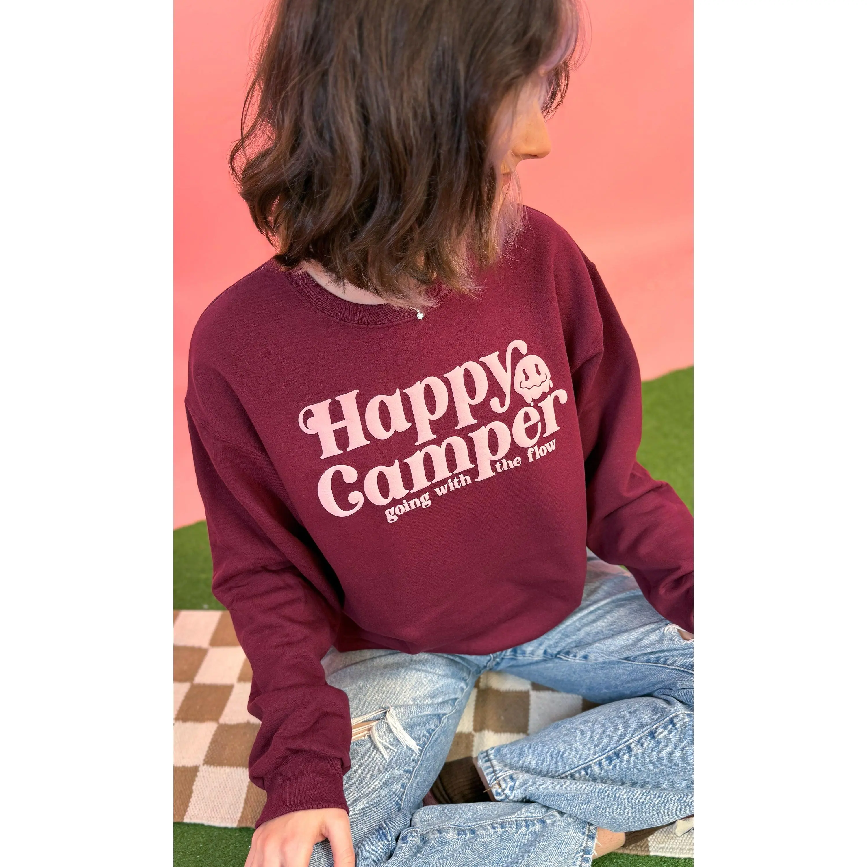Women's Lady Fitted Polyester-Cotton Pullover Hoodie Sweatshirt - Long Sleeve, Round Neck, Happy Camper Graphic Magic Puff Print, Comfortable Casual Outdoor Everyday Wear Top, Thoughtful Gift
