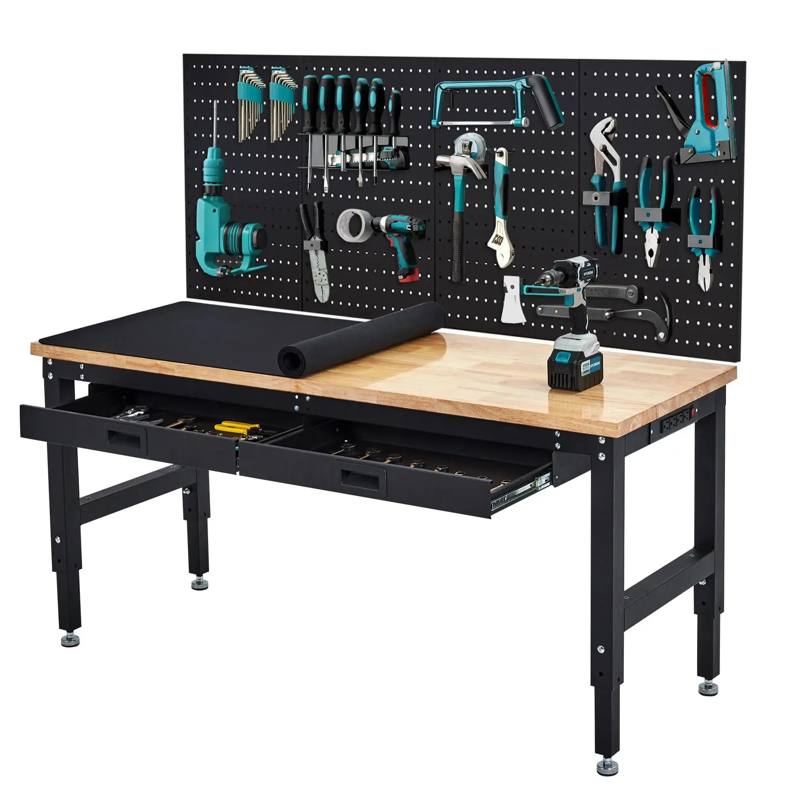 GARVEE 60 Inch Workbench for Garage, 3000 Lbs Heavy Duty Work Bench with Pegboard and Drawers, Non-Slip Table Mat, Rubber Wood 4 Level Adjustable Work Table with Power Outlets for Workshop, Home, Office