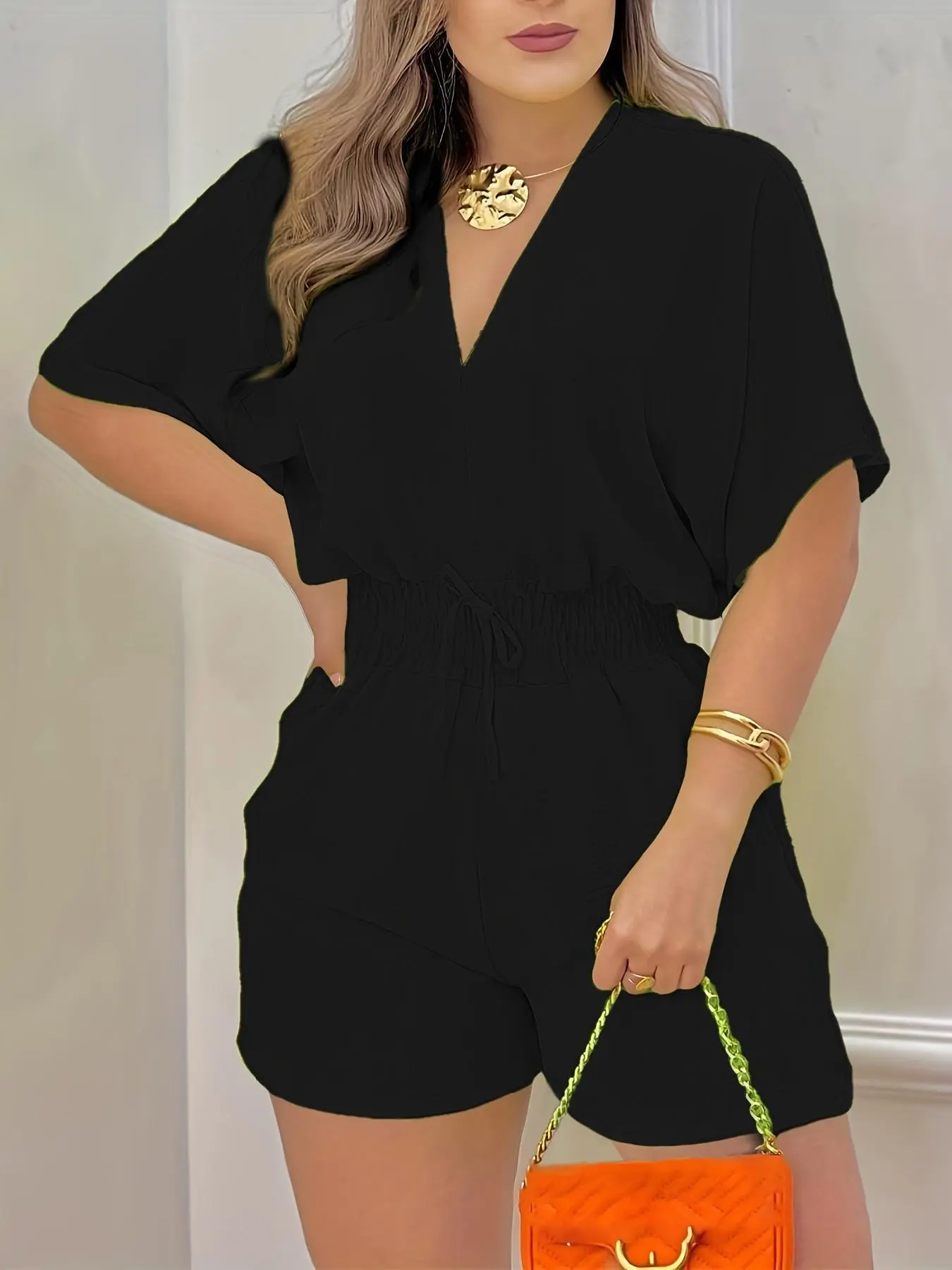 Women's Plain Basic Minimalist Knot Front Batwing Sleeve Romper Overalls, Casual Comfy Romper, Casual V Neck Shirred Fit Romper for Summer, Fashion Women's Clothing for Daily Wear, Womenswear