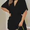 Women's Plain Basic Minimalist Knot Front Batwing Sleeve Romper Overalls, Casual Comfy Romper, Casual V Neck Shirred Fit Romper for Summer, Fashion Women's Clothing for Daily Wear, Vneck Romper, Womenswear