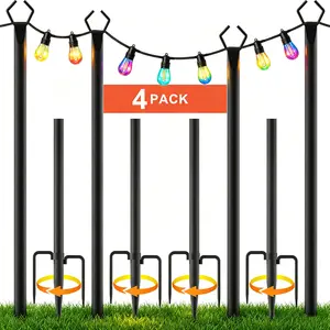 8Ft String Light Poles 2-10 Pack,Light Poles for Outside Lights,Outdoor with Fence Brackets Hanging Lights,Metal Stand Deck Patio Backyard