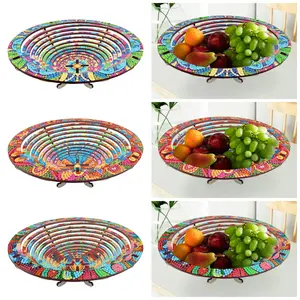 DIY Diamond Wooden Snack Storage Tray Diamond Art Painting Mandala Candy Plate Retractable with Stand Round Handmade Serving Platter for Vegetables Bread Snack Kitchen Home
