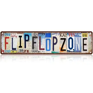 Vintage License Plate FLIP FLOP ZONE Sign – 16x4 Inch Rustic Tin Wall Décor for Beach House, Poolside, Patio, Coastal Cottage or Summer Bar