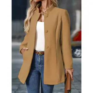 Women’s winter coat, mid-length stand-collar single-breasted overcoat, fashionable warm winter clothing, elegant fitted design, casual stylish outerwear